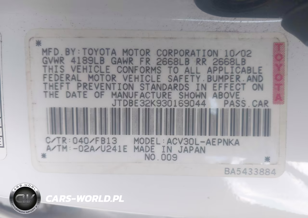 2003 Toyota Camry Le VIN:JTDBE32K930169044 - 9