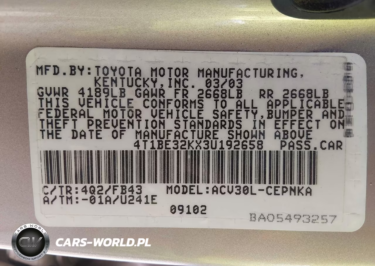 2003 Toyota Camry Le VIN:4T1BE32KX3U192658 - 9