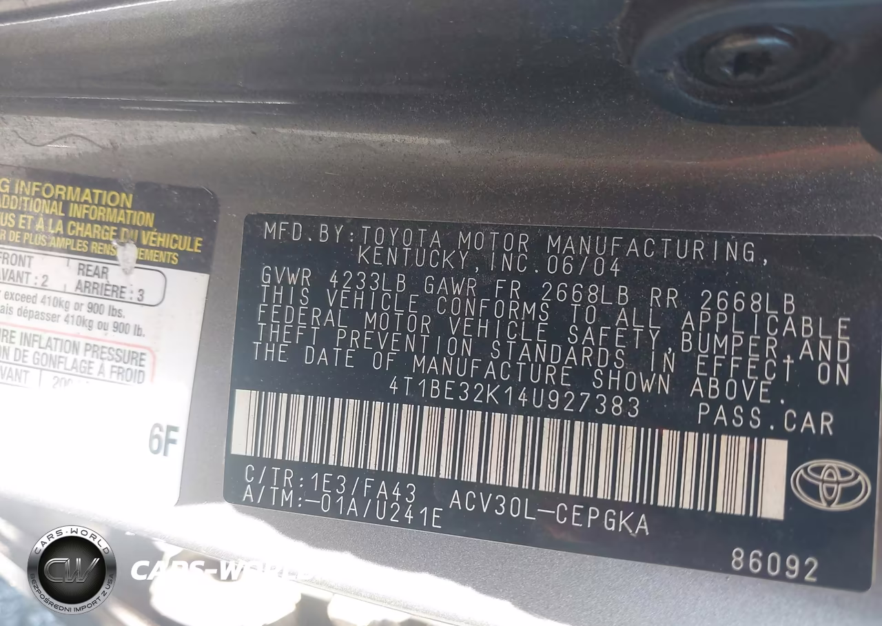 2004 Toyota Camry Xle VIN:4T1BE32K14U927383 - 9