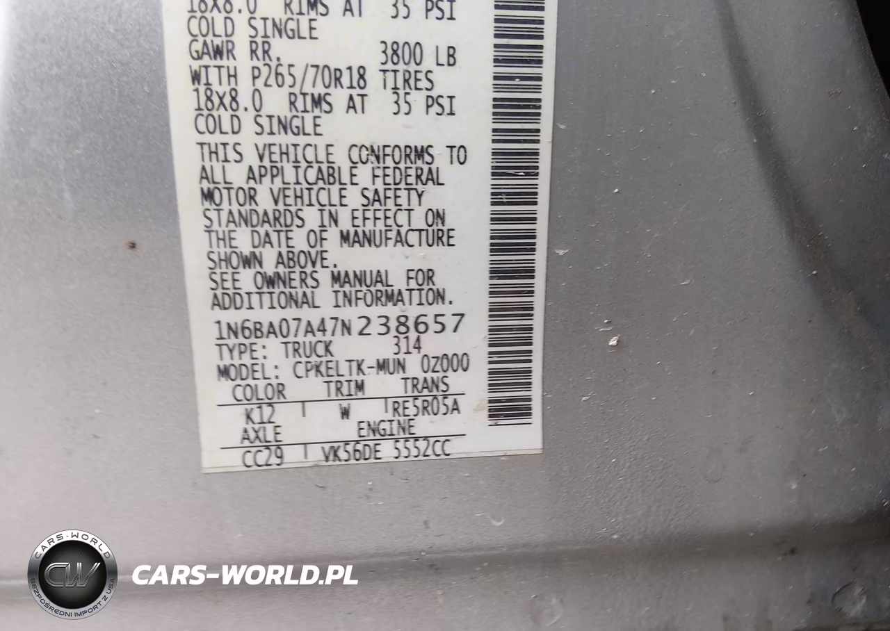 2007 Nissan Titan Se VIN:1N6BA07A47N238657 - 9