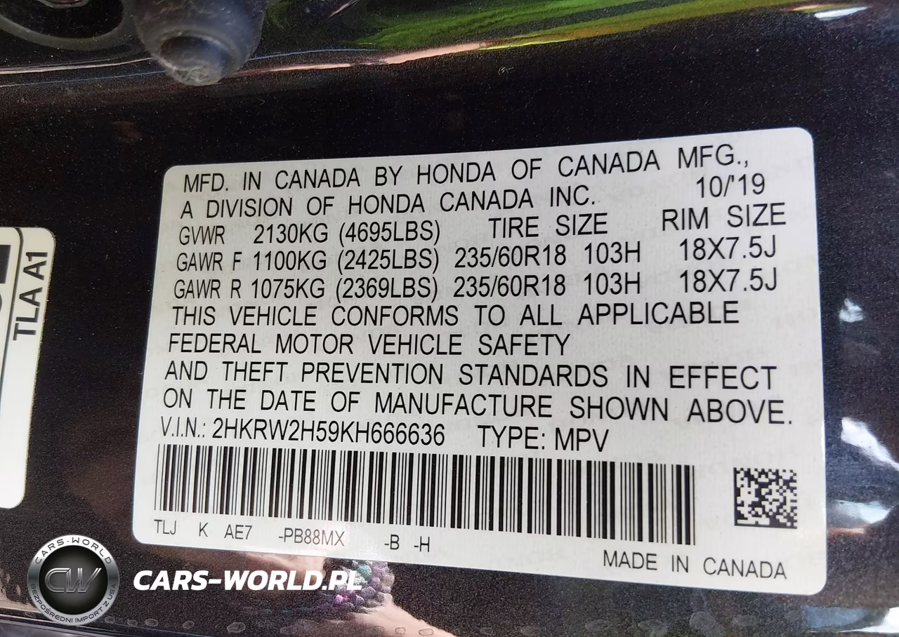 2019 Honda Cr-V Ex VIN:2HKRW2H59KH666636 - 9