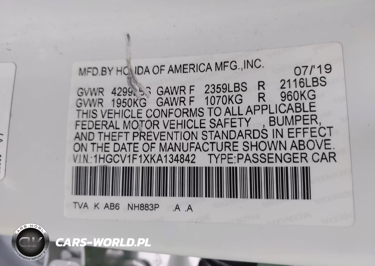 2019 Honda Accord Lx VIN:1HGCV1F1XKA134842 - 9