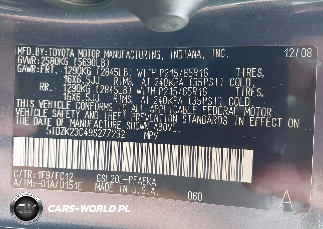 2009 Toyota Sienna Le VIN:5TDZK23C49S277232 - 9