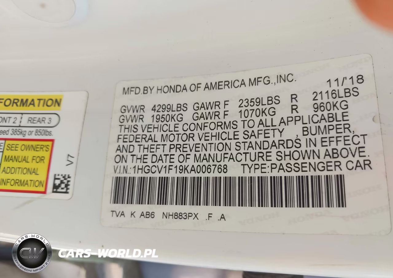 2019 Honda Accord Lx VIN:1HGCV1F19KA006768 - 9