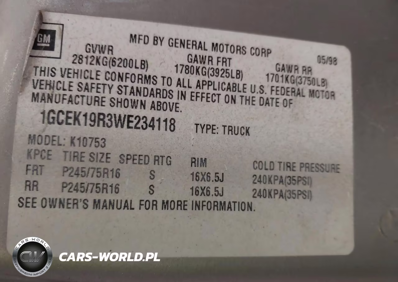 1998 Chevrolet K1500 Fleetside VIN:1GCEK19R3WE234118 - 9