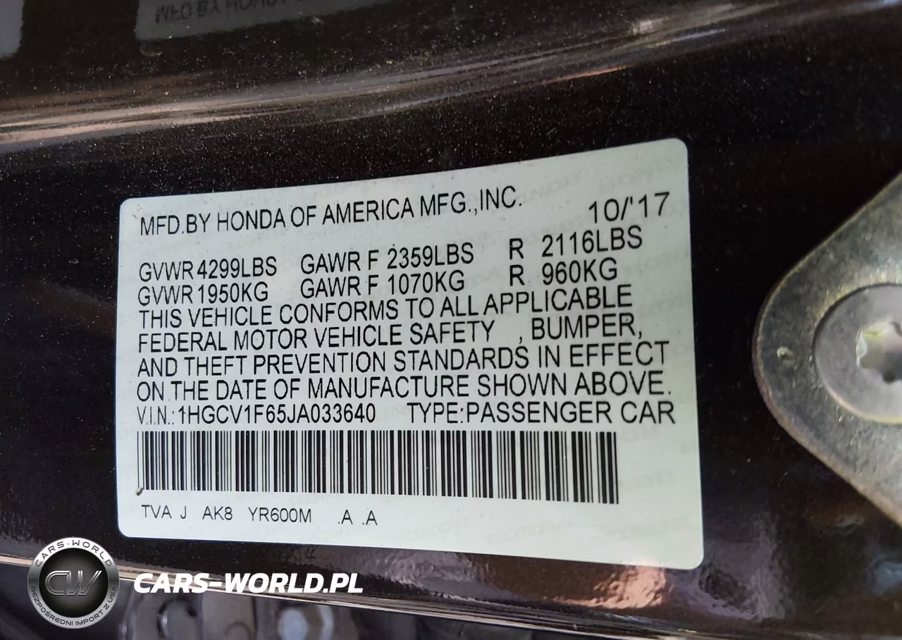 2018 Honda Accord Ex-L VIN:1HGCV1F65JA033640 - 9