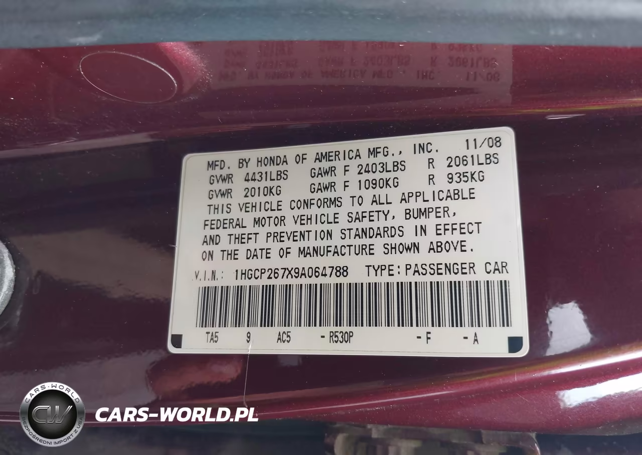 2009 Honda Accord 2.4 Ex VIN:1HGCP267X9A064788 - 9