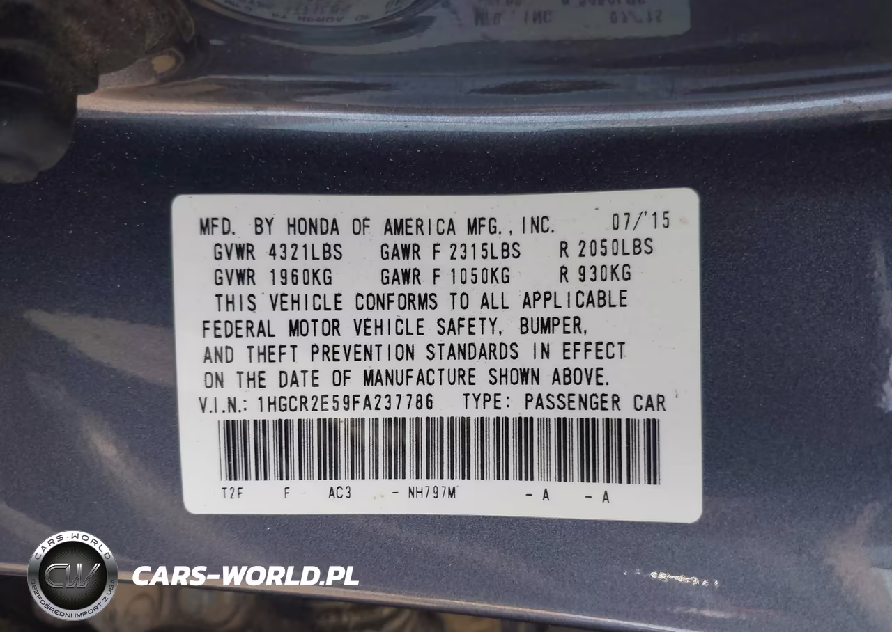 2015 Honda Accord Sport VIN:1HGCR2E59FA237786 - 9