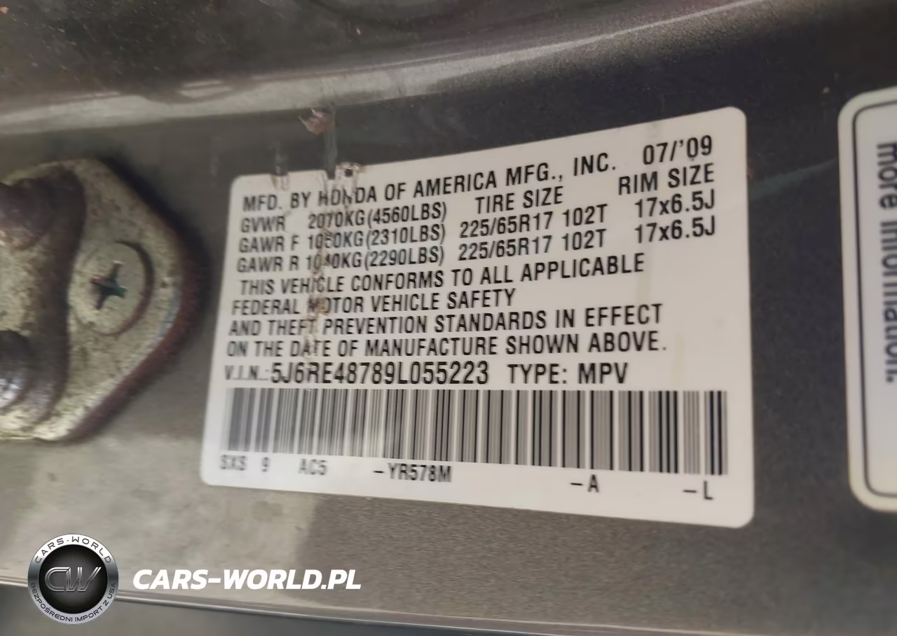 2009 Honda Cr-V Ex-L VIN:5J6RE48789L055223 - 9