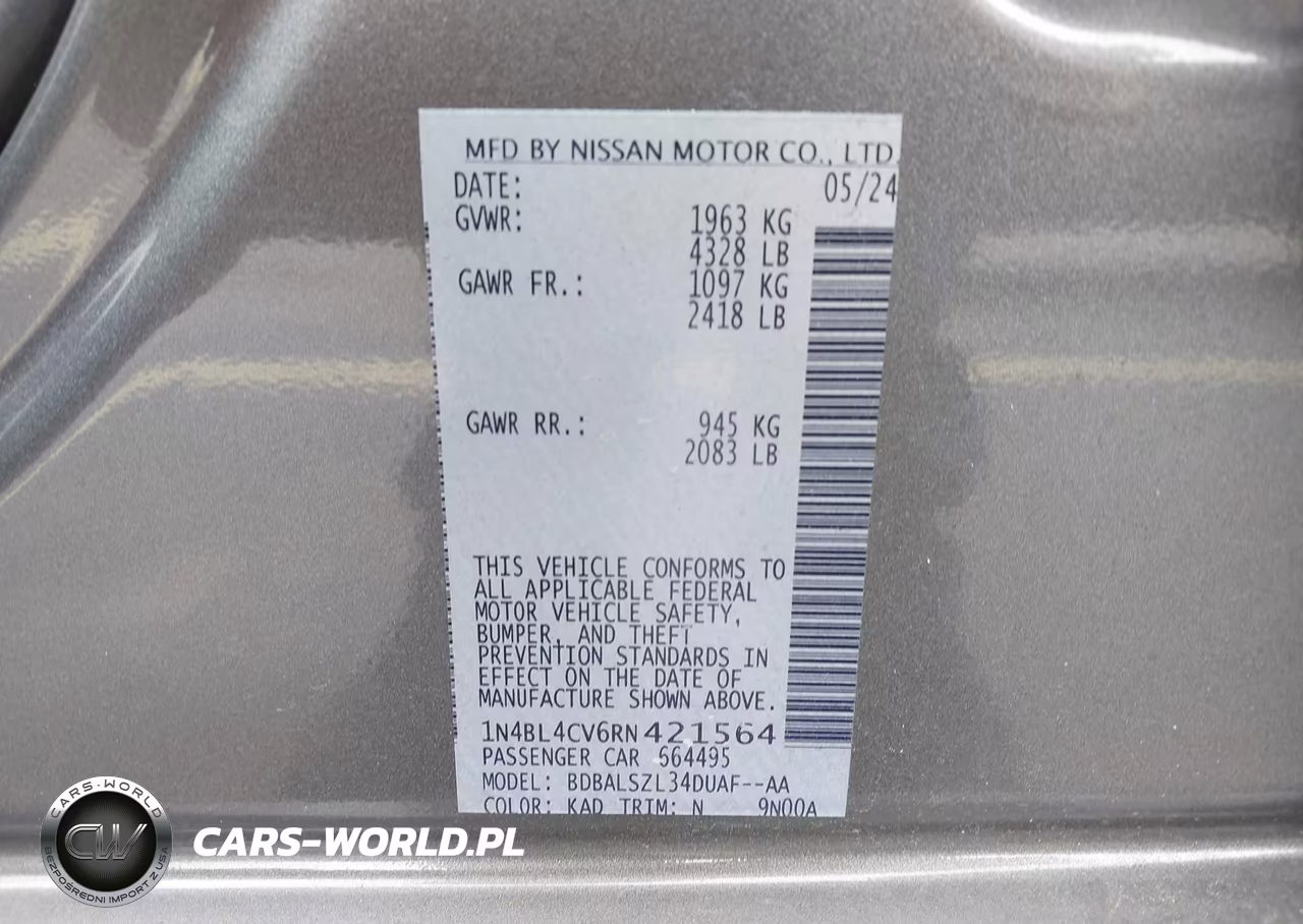 2024 Nissan Altima Sr Fwd VIN:1N4BL4CV6RN421564 - 9