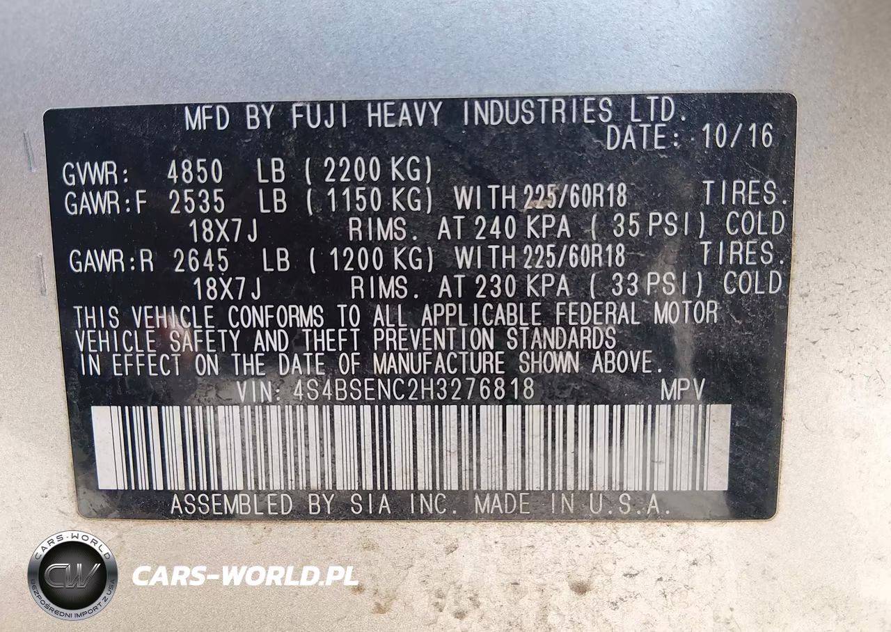 2017 Subaru Outback 3.6R Limited VIN:4S4BSENC2H3276818 - 9