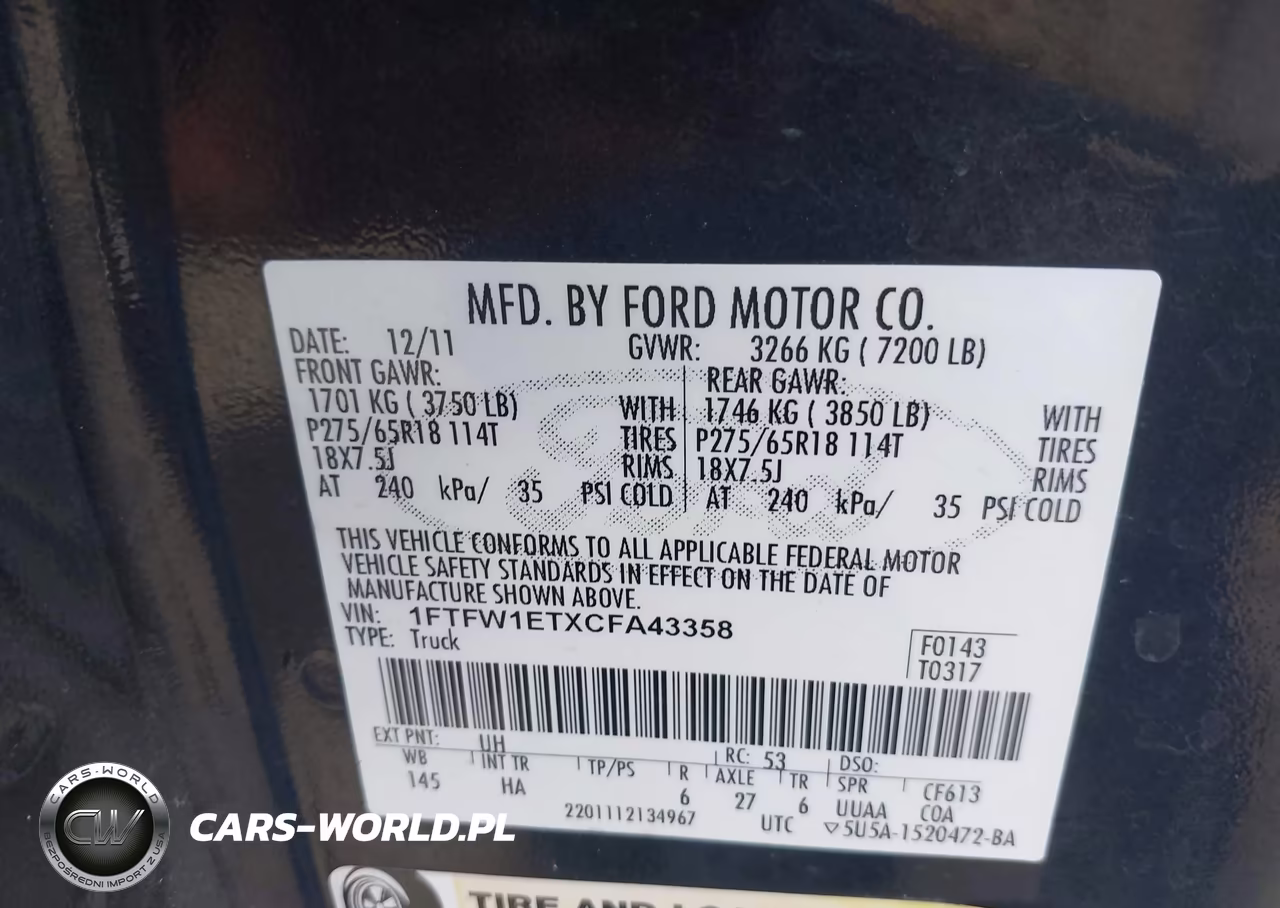 2012 Ford F-150 Lariat VIN:1FTFW1ETXCFA43358 - 9