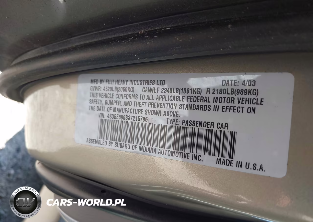 2003 Subaru Outback H6-3.0-H6-3.0 Vdc VIN:4S3BE896637215796 - 9