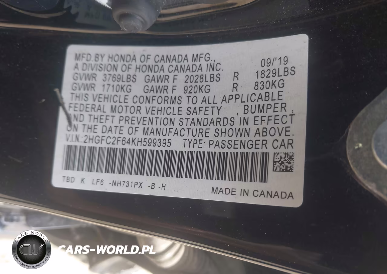 2019 Honda Civic Lx VIN:2HGFC2F64KH599395 - 9