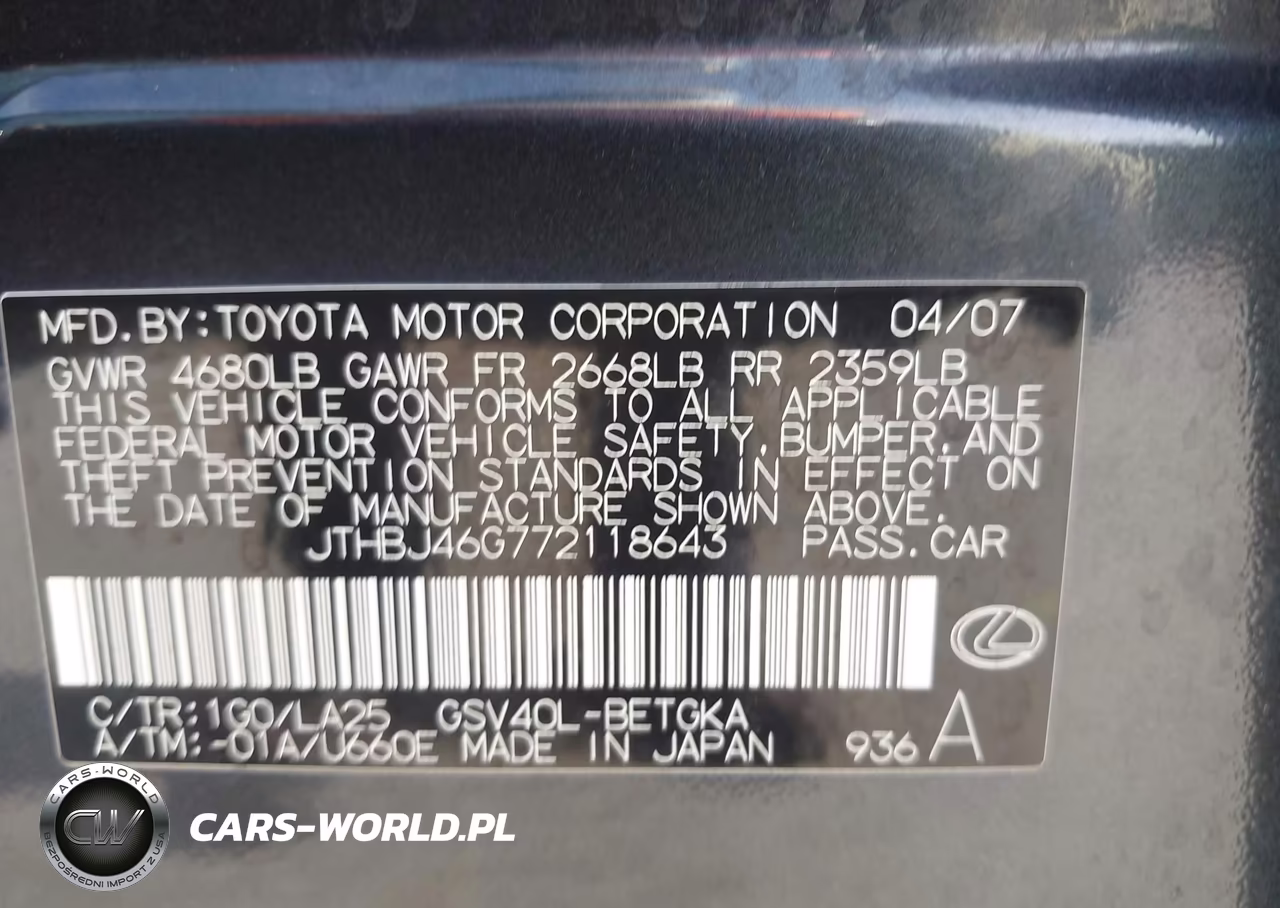 2007 Lexus Es 350 VIN:JTHBJ46G772118643 - 9