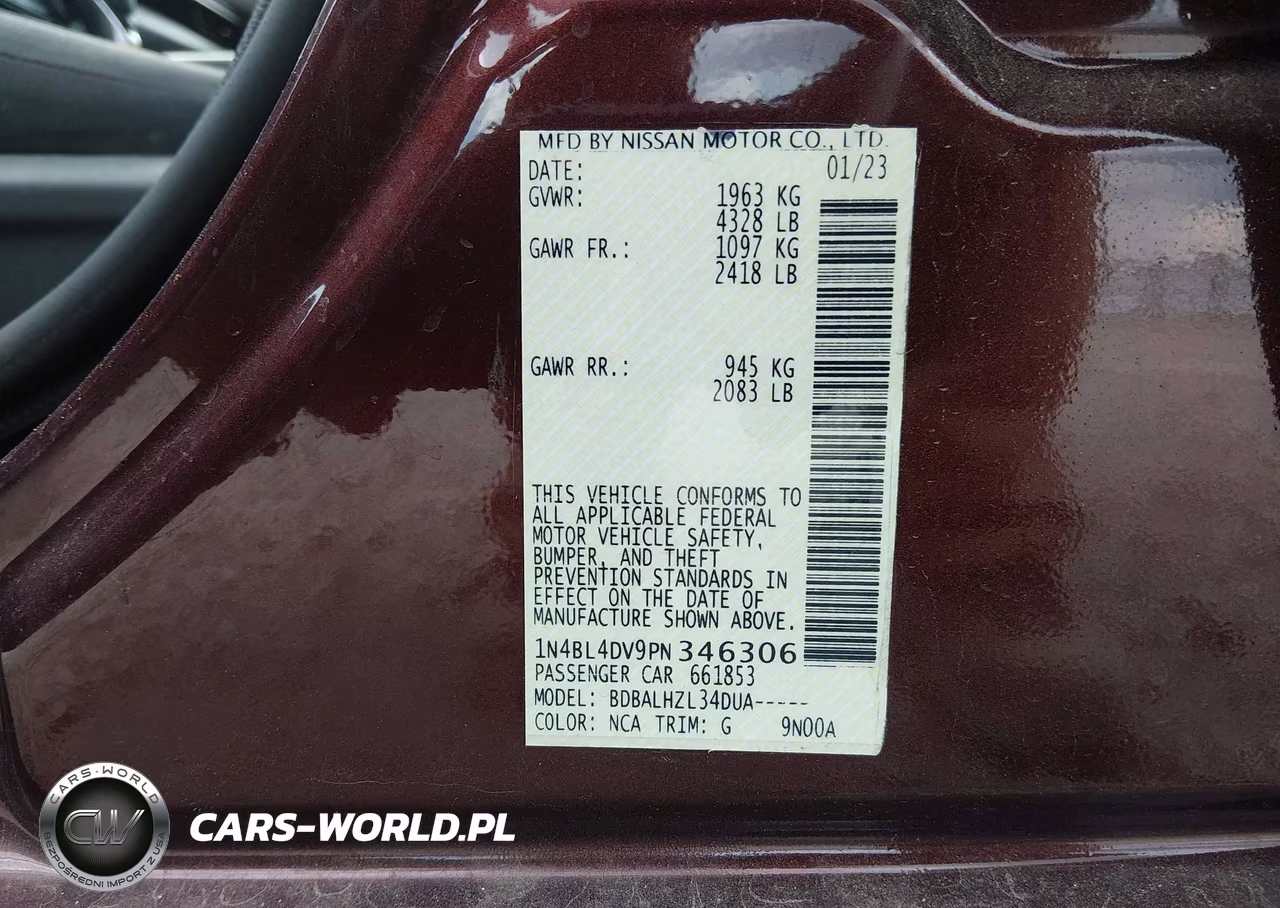 2023 Nissan Altima Sv Fwd VIN:1N4BL4DV9PN346306 - 9