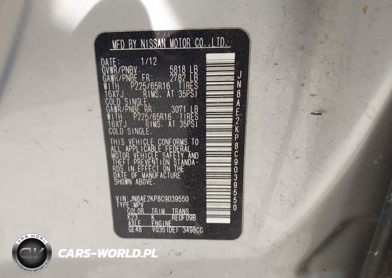 2012 Nissan Quest Sv VIN:JN8AE2KP8C9039550 - 9