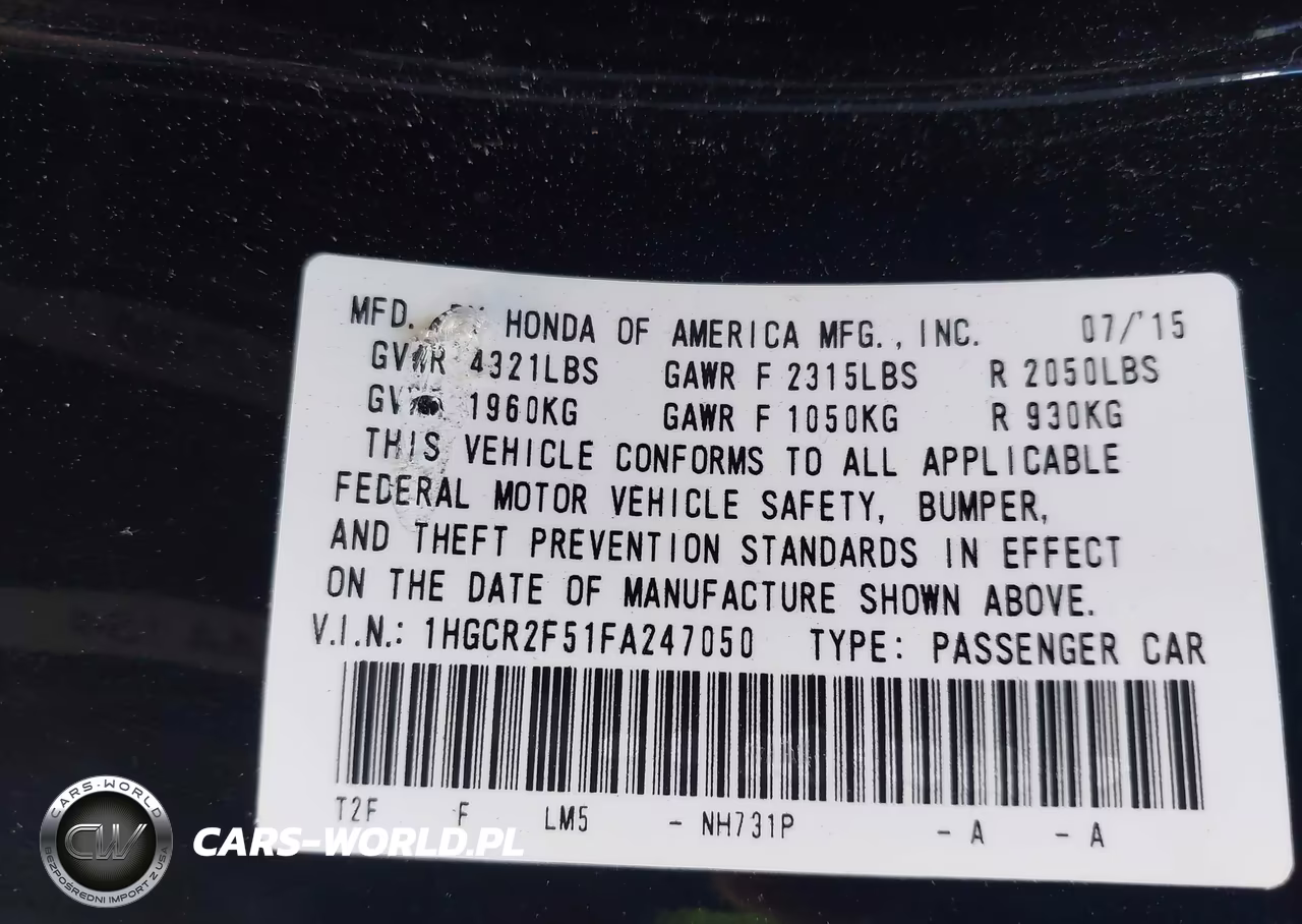 2015 Honda Accord Sport VIN:1HGCR2F51FA247050 - 9