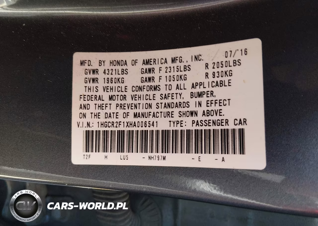 2017 Honda Accord Sport Se VIN:1HGCR2F1XHA006541 - 9