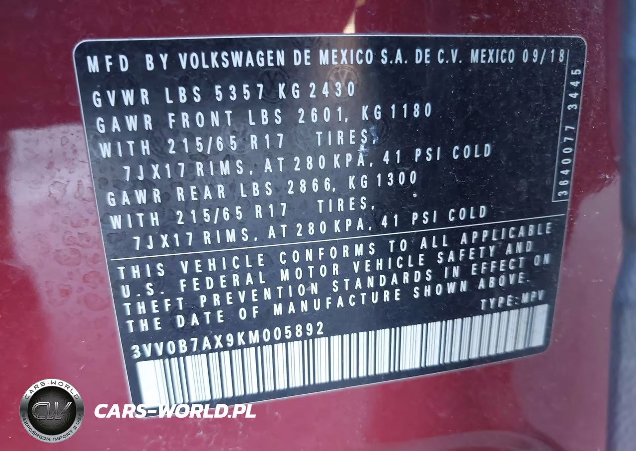 2019 Volkswagen Tiguan 2.0T S VIN:3VV0B7AX9KM005892 - 9