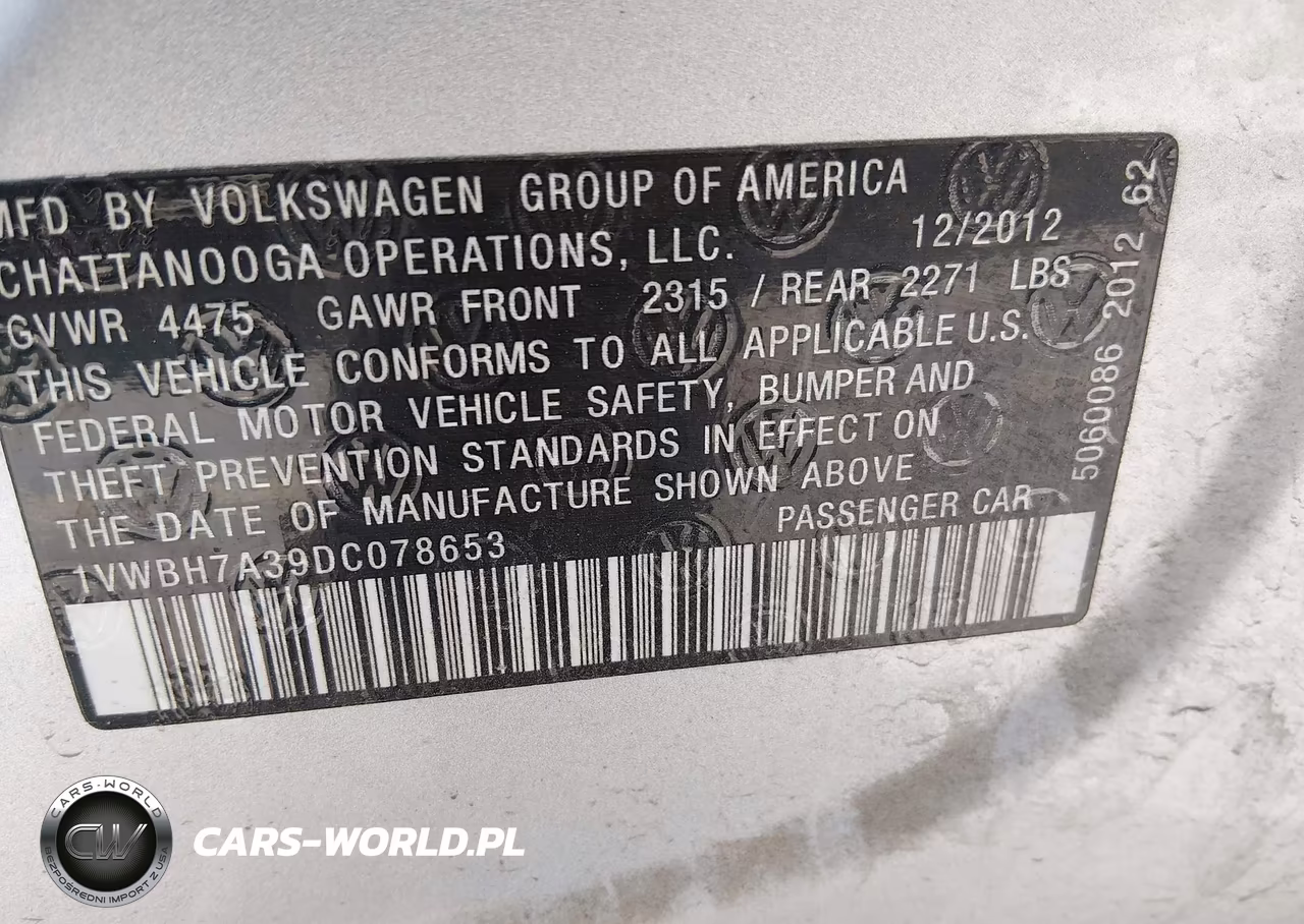 2013 Volkswagen Passat 2.5L Se VIN:1VWBH7A39DC078653 - 9