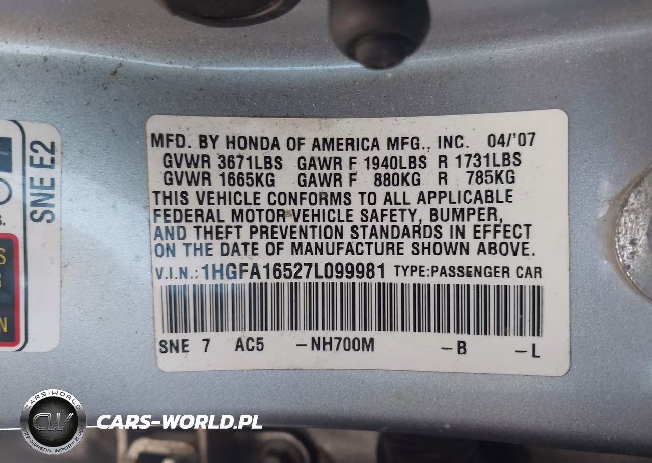 2007 Honda Civic Lx VIN:1HGFA16527L099981 - 9