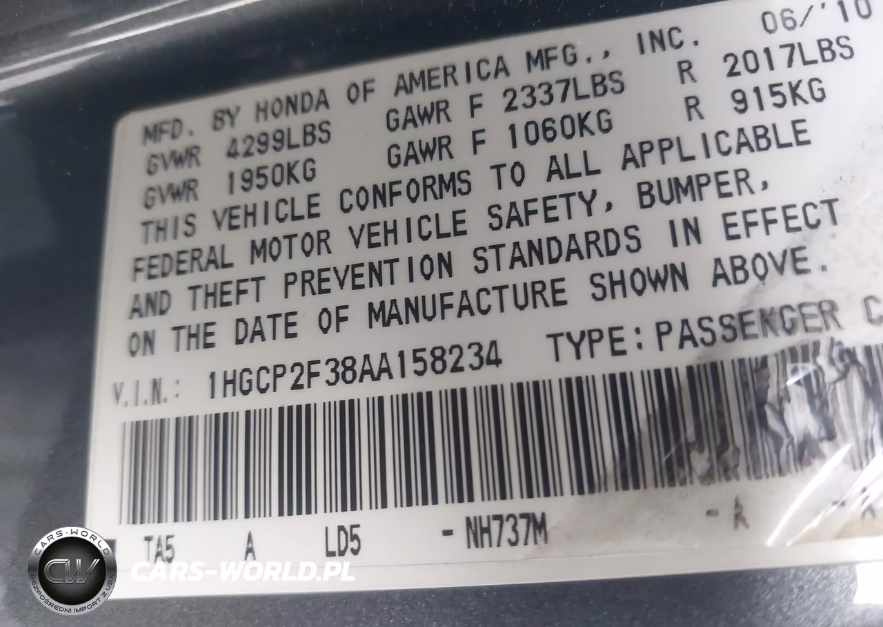 2010 Honda Accord 2.4 Lx VIN:1HGCP2F38AA158234 - 9