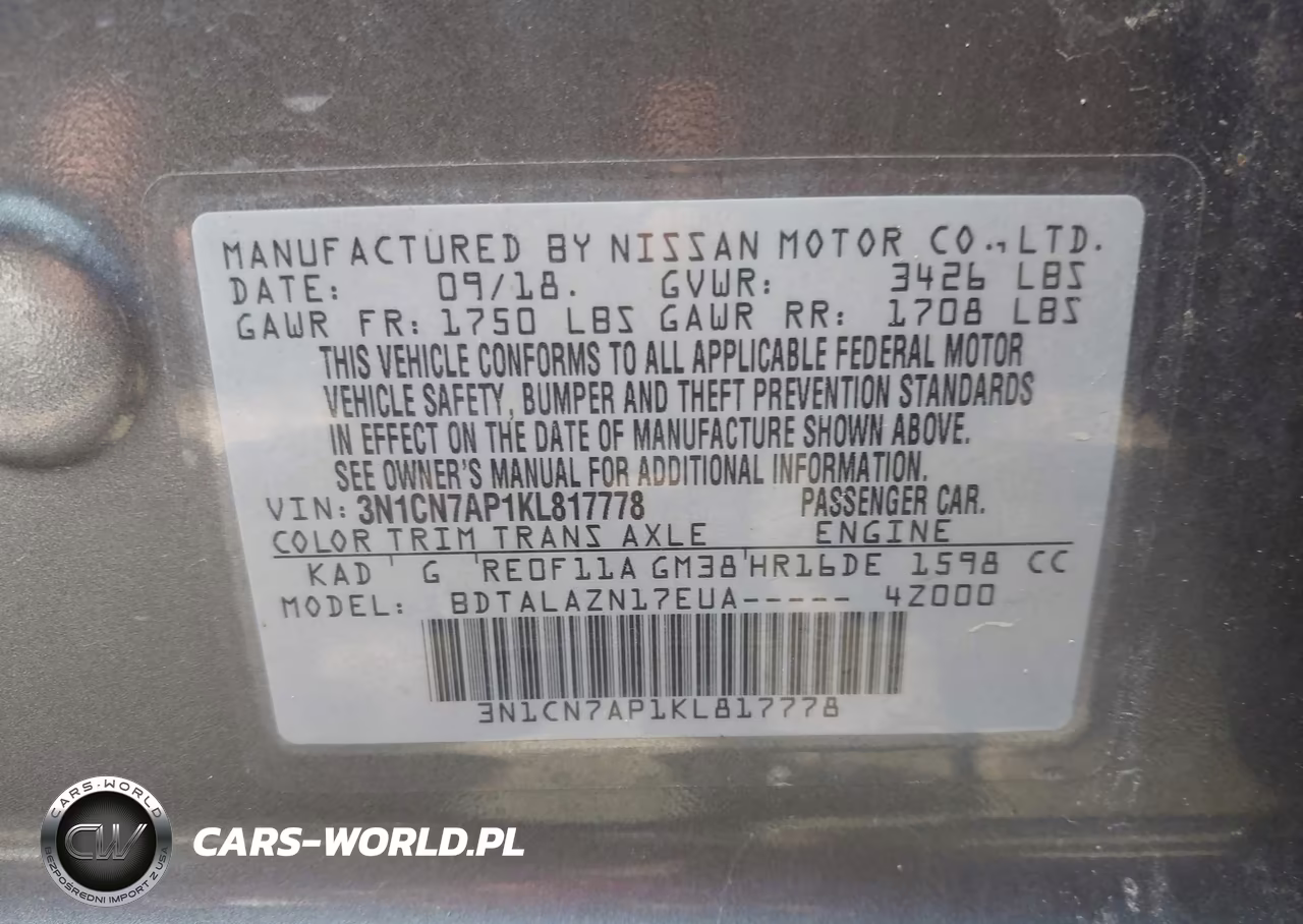 2019 Nissan Versa 1.6 S+ VIN:3N1CN7AP1KL817778 - 9