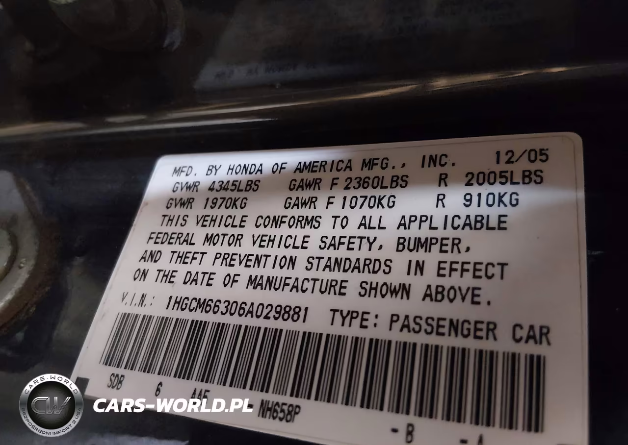 2006 Honda Accord 3.0 Lx VIN:1HGCM66306A029881 - 9