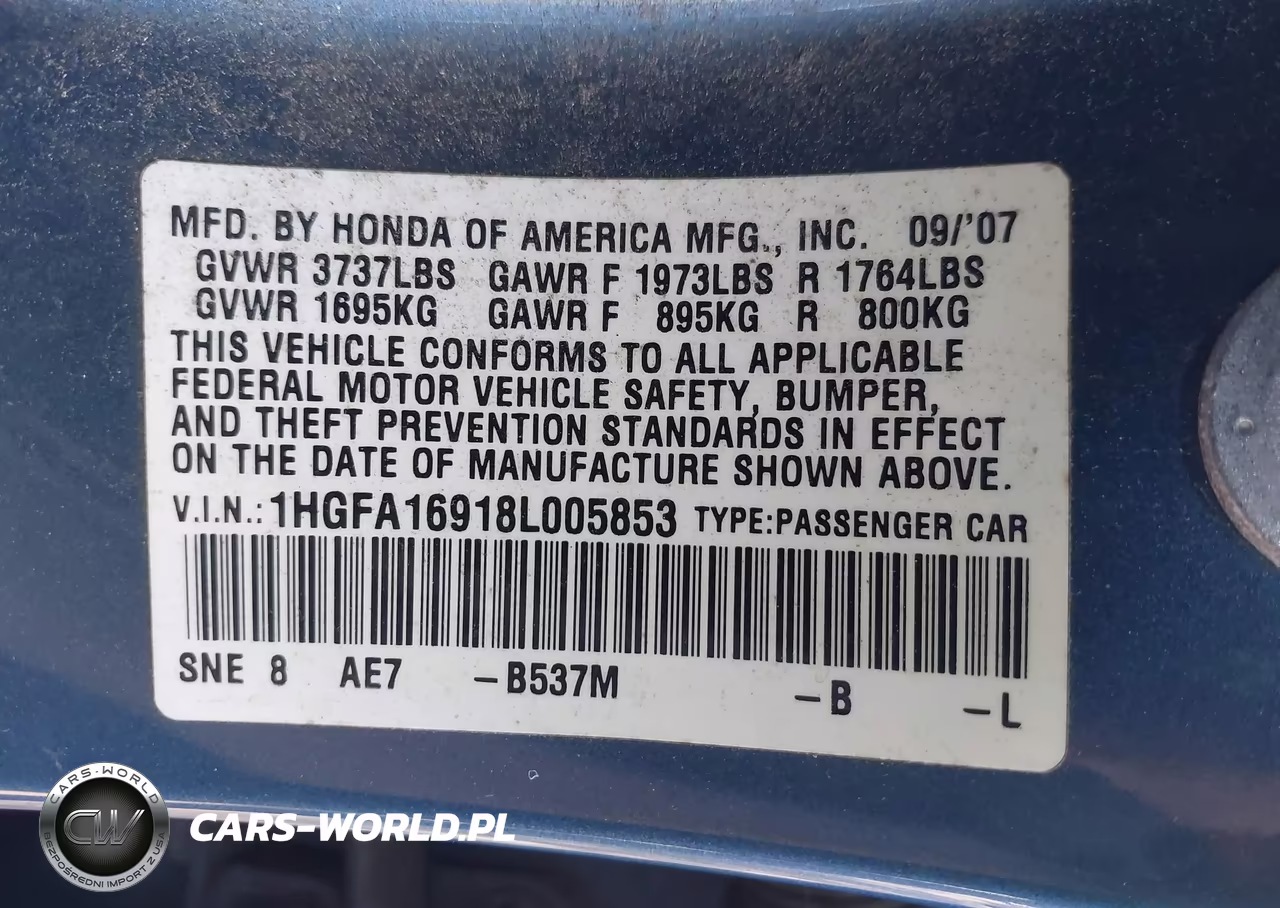 2008 Honda Civic Ex-L VIN:1HGFA16918L005853 - 9