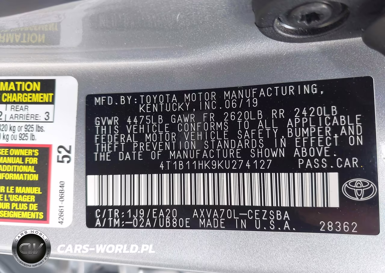 2019 Toyota Camry Se VIN:4T1B11HK9KU274127 - 9