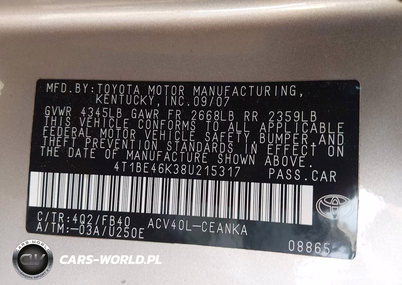 2008 Toyota Camry VIN:4T1BE46K38U215317 - 9