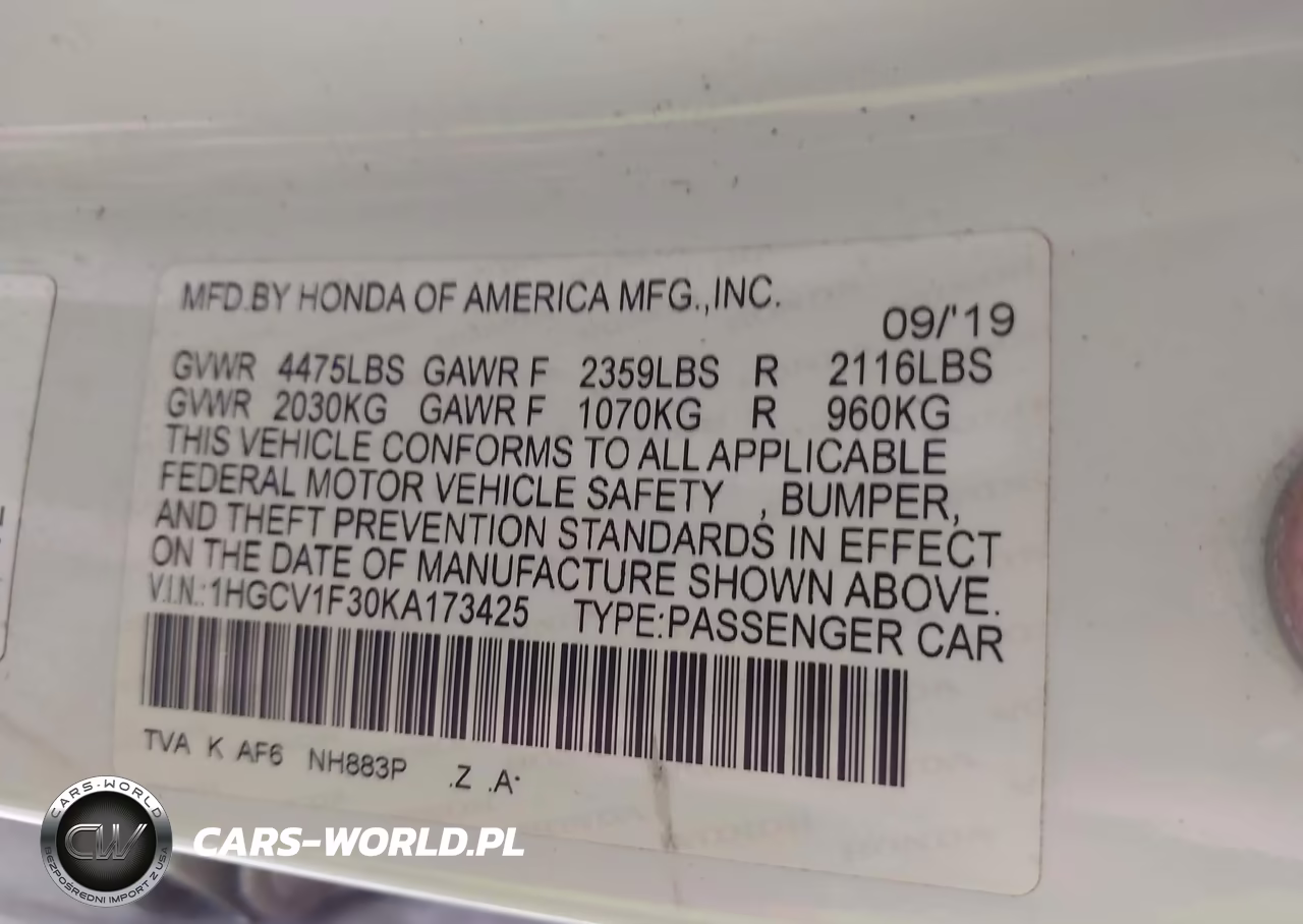 2019 Honda Accord Sport VIN:1HGCV1F30KA173425 - 9