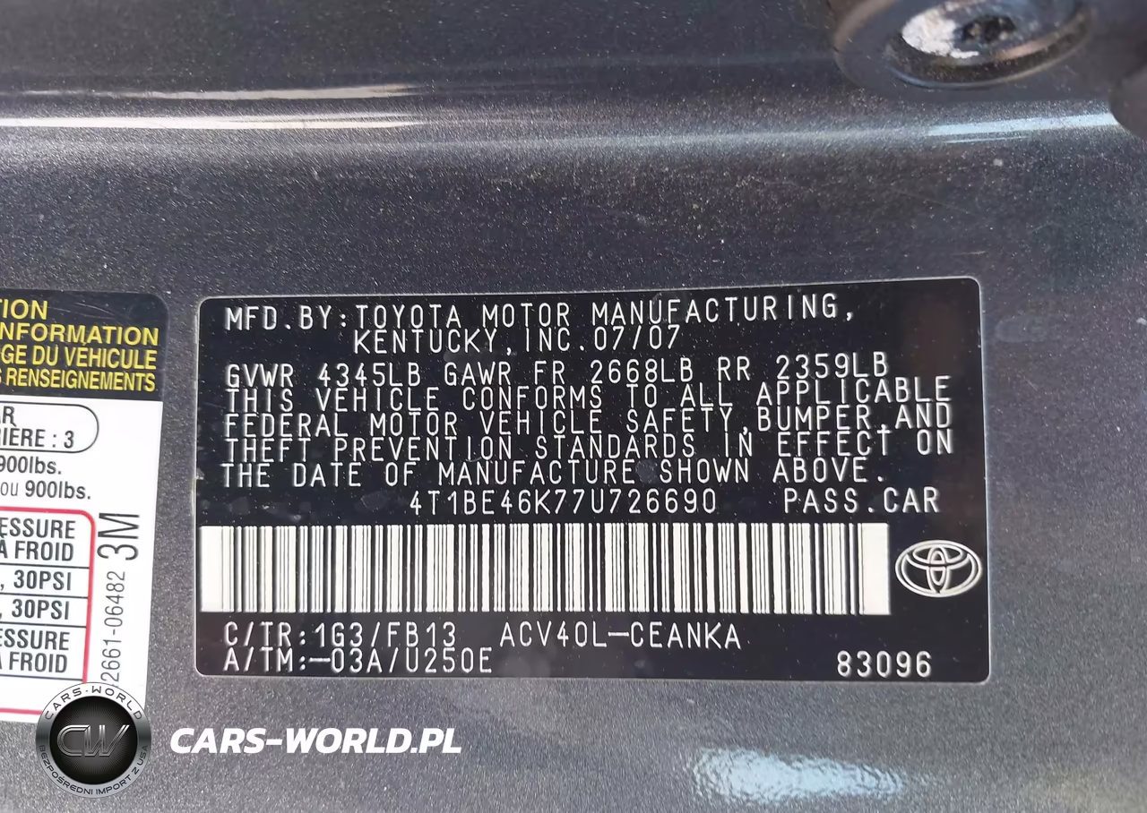 2007 Toyota Camry Le VIN:4T1BE46K77U726690 - 9