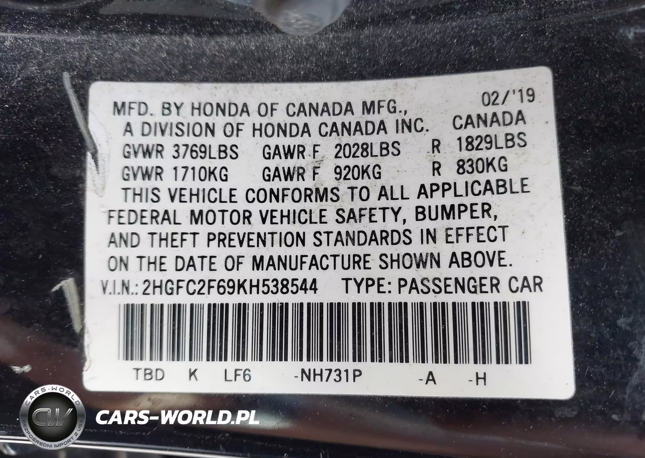 2019 Honda Civic Lx VIN:2HGFC2F69KH538544 - 9