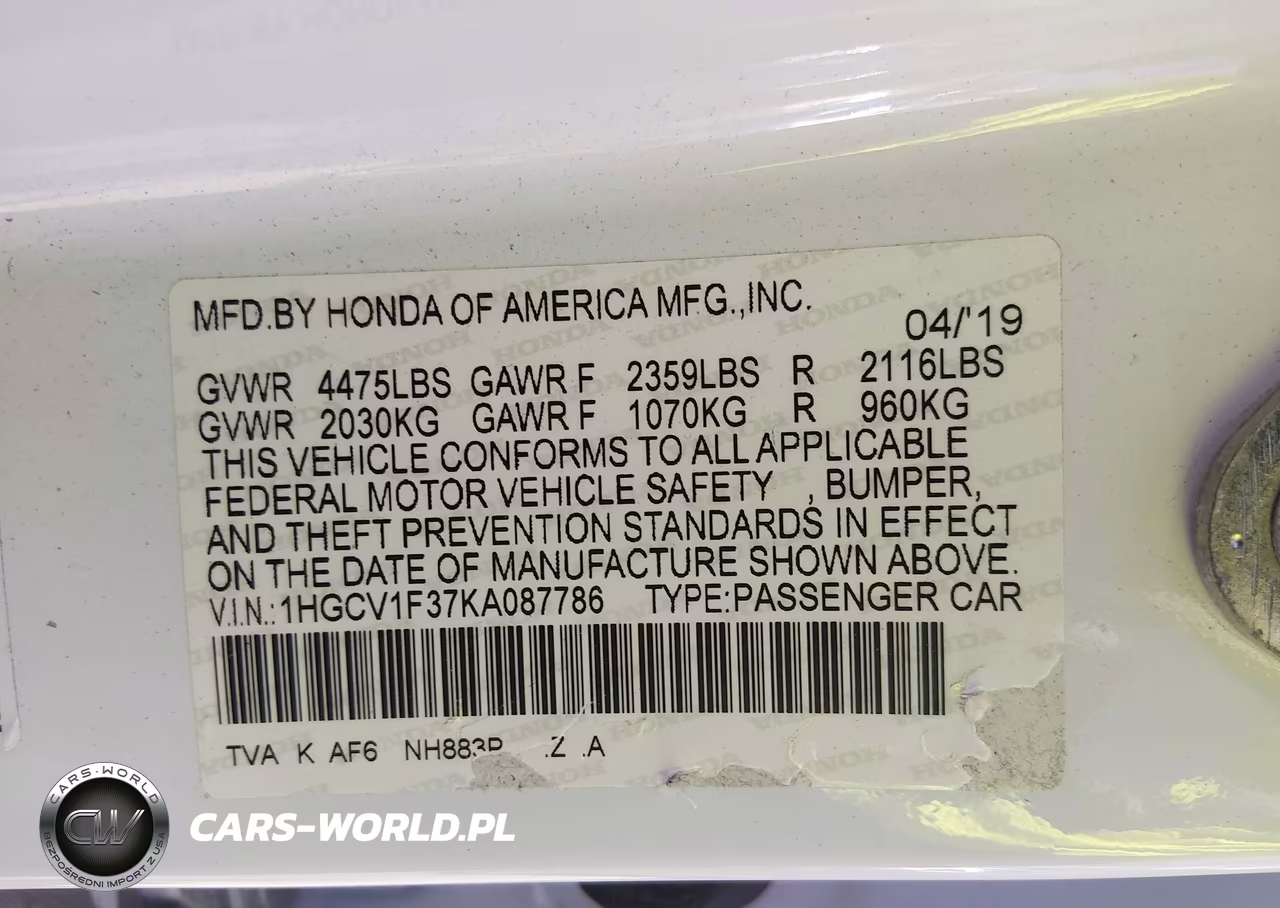 2019 Honda Accord Sport VIN:1HGCV1F37KA087786 - 9