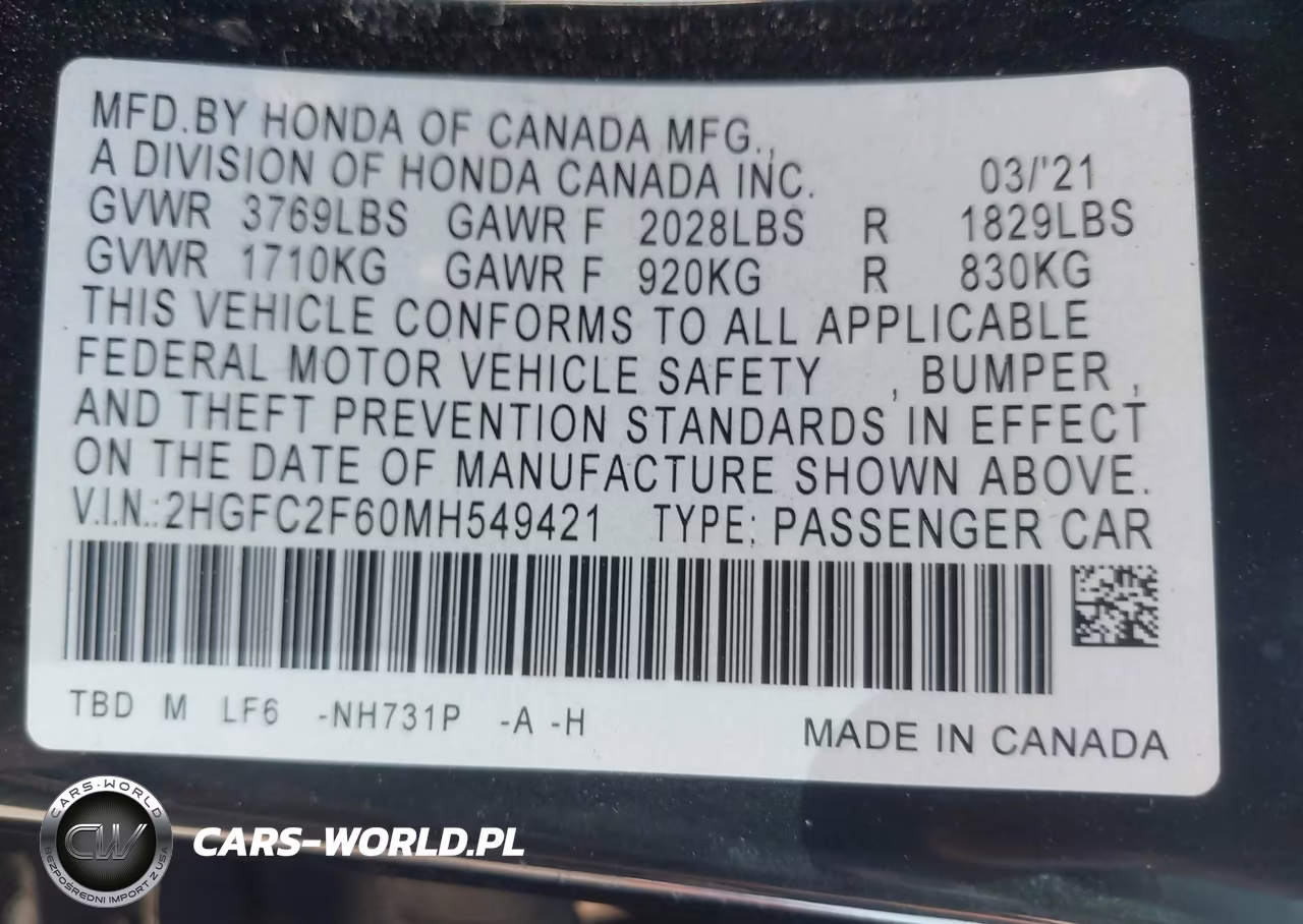 2021 Honda Civic Lx VIN:2HGFC2F60MH549421 - 9