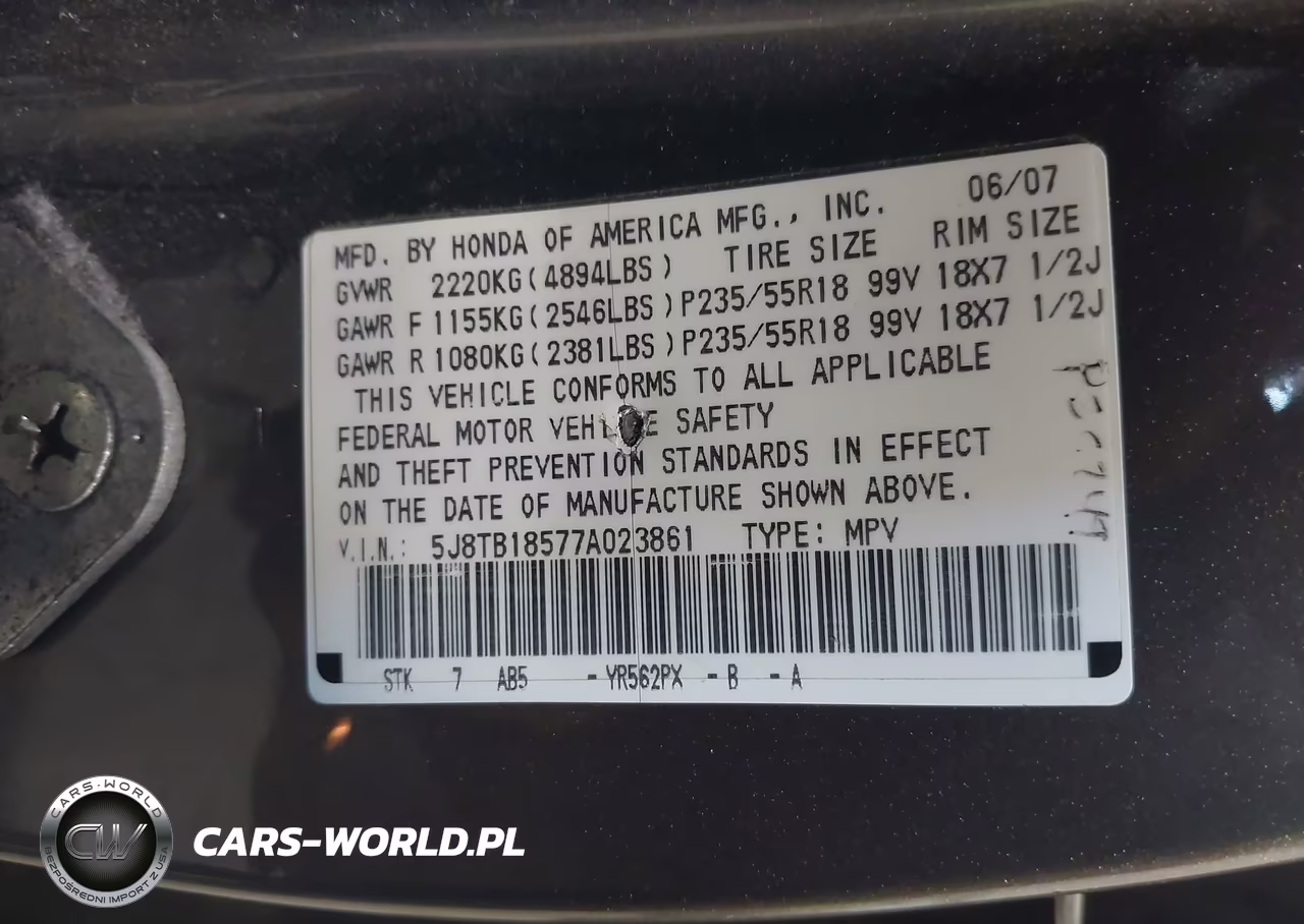 2007 Acura Rdx VIN:5J8TB18577A023861 - 9