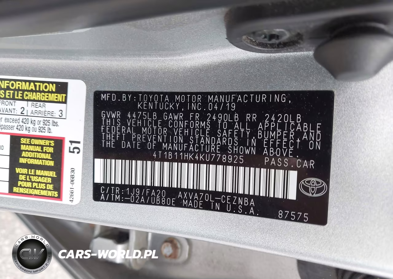 2019 Toyota Camry Le VIN:4T1B11HK4KU778925 - 9