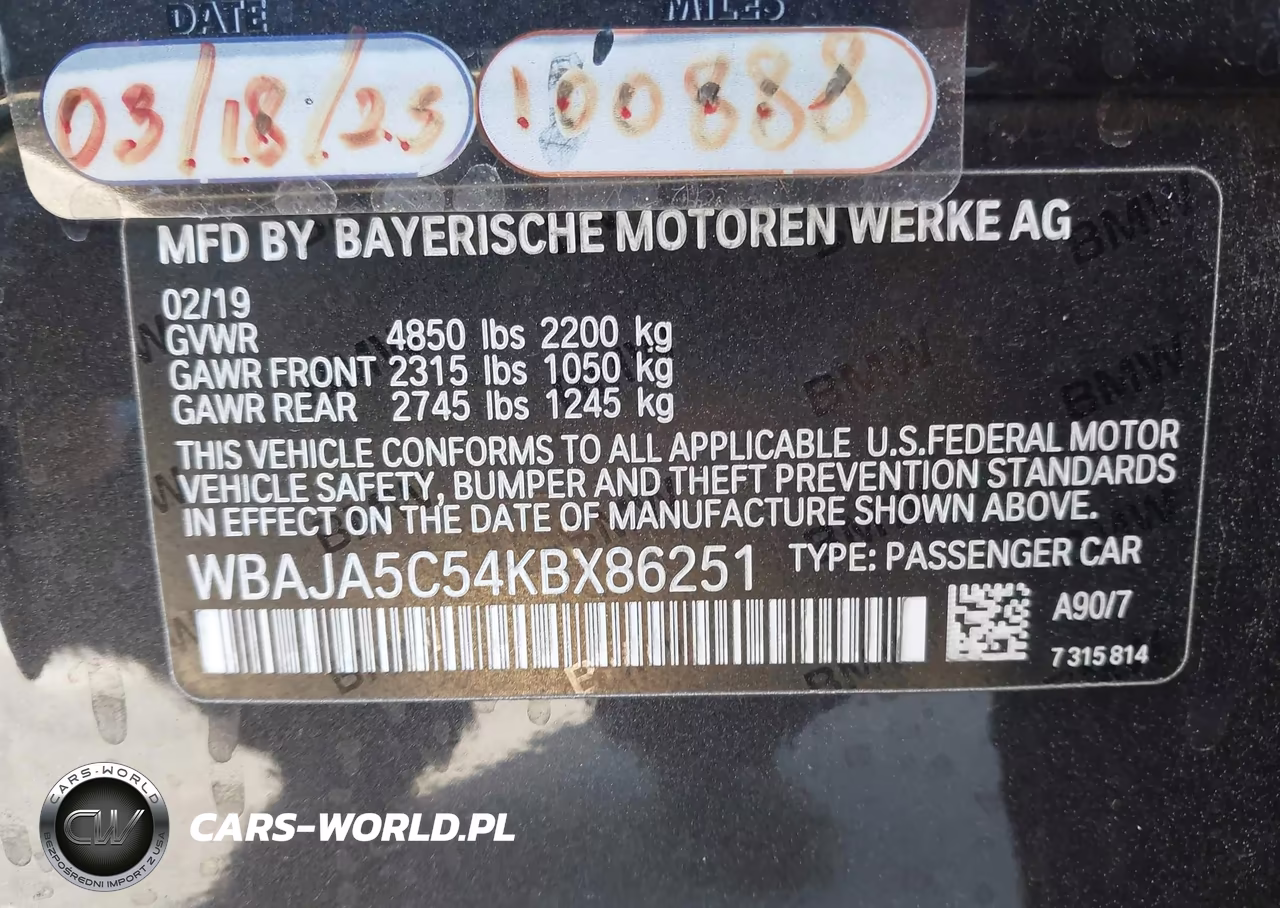 2019 BMW 530I VIN:WBAJA5C54KBX86251 - 9