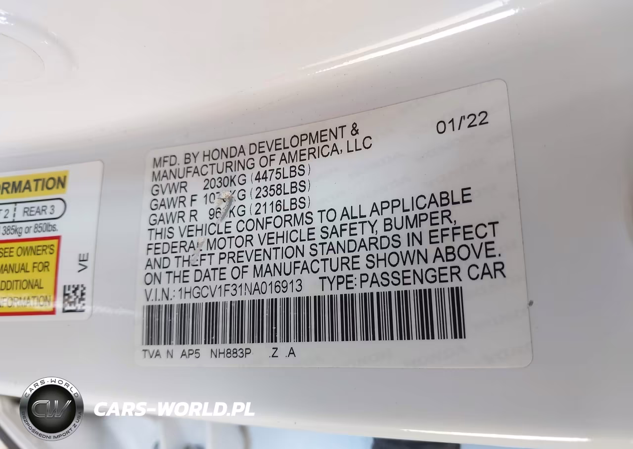 2022 Honda Accord Sport VIN:1HGCV1F31NA016913 - 9