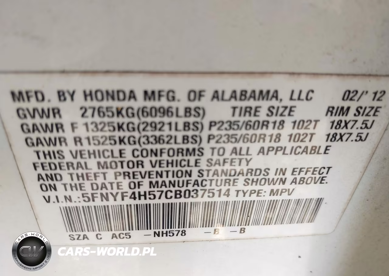 2012 Honda Pilot Ex-L VIN:5FNYF4H57CB037514 - 9