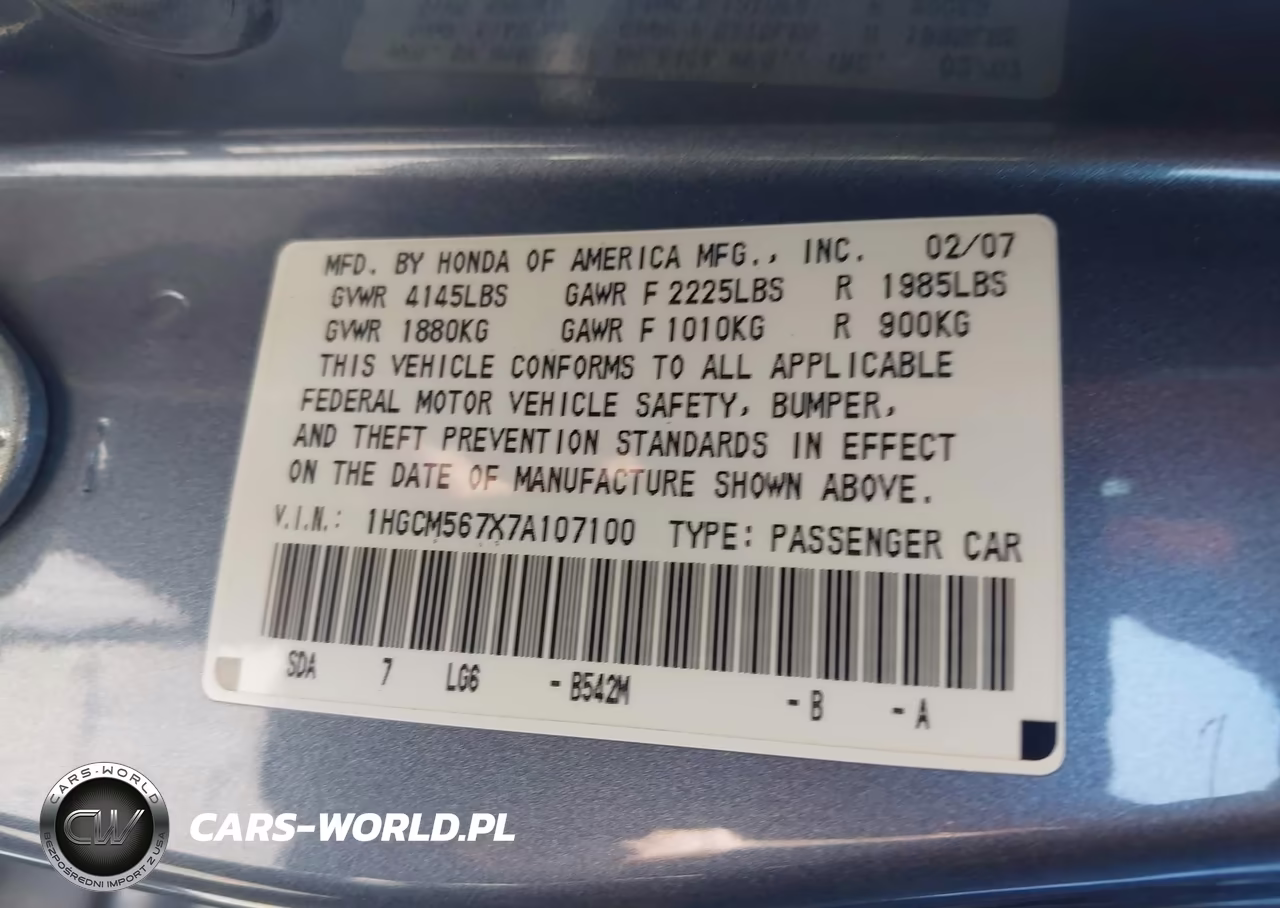 2007 Honda Accord 2.4 Ex VIN:1HGCM567X7A107100 - 9
