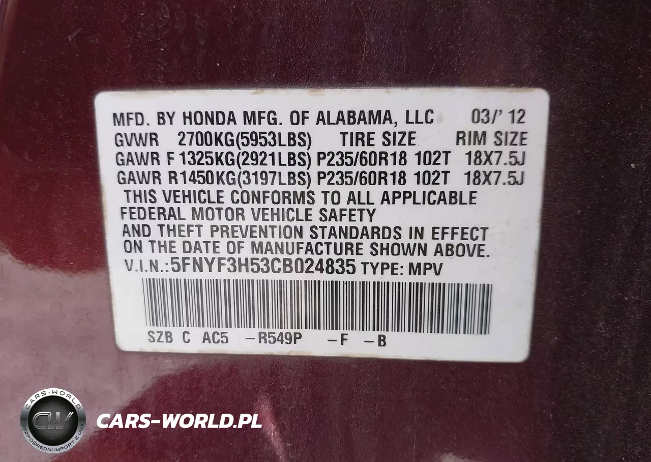 2012 Honda Pilot Ex-L VIN:5FNYF3H53CB024835 - 9
