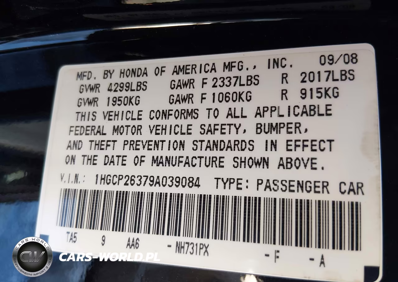 2009 Honda Accord 2.4 Lx VIN:1HGCP26379A039084 - 9