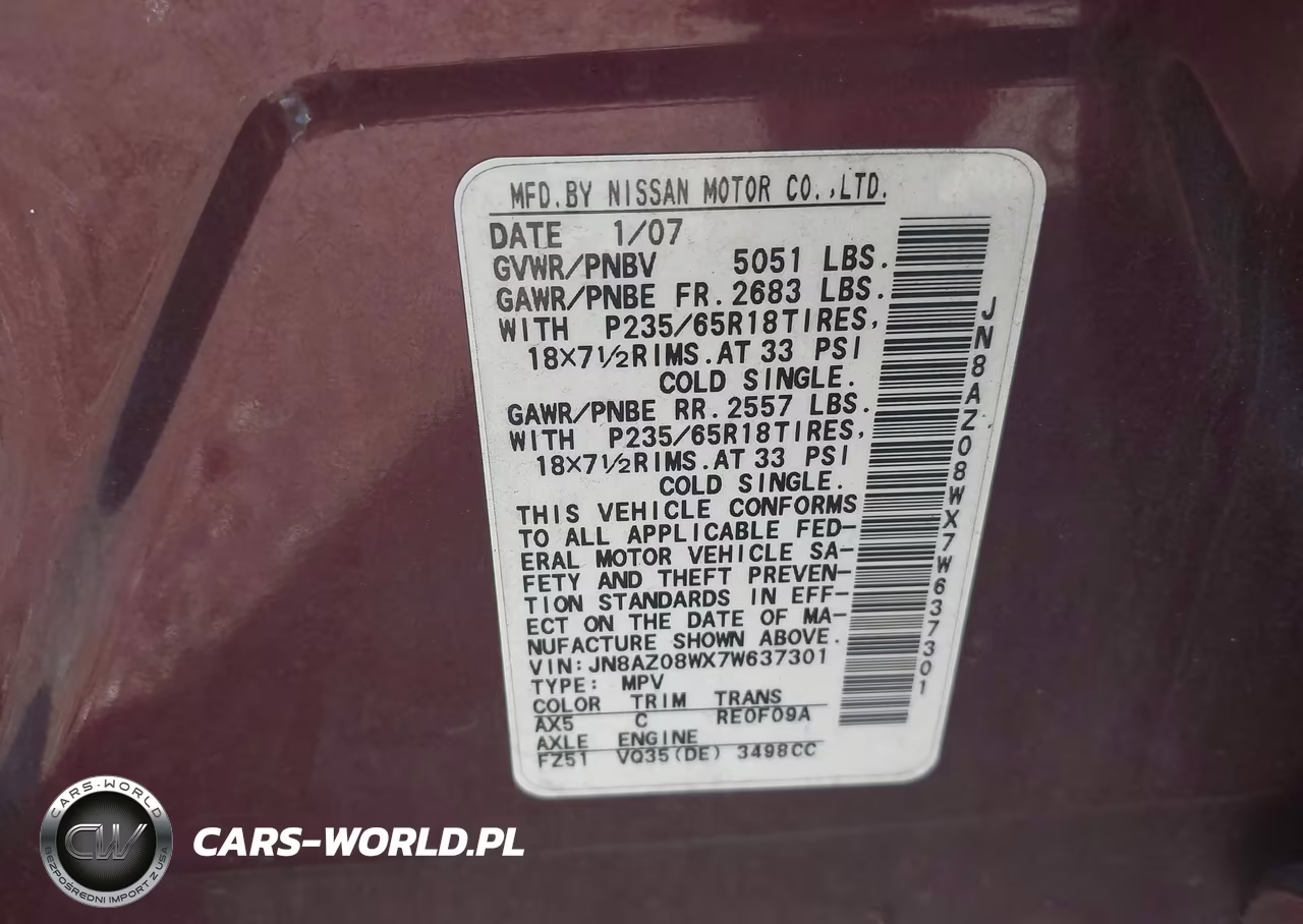 2007 Nissan Murano S VIN:JN8AZ08WX7W637301 - 9