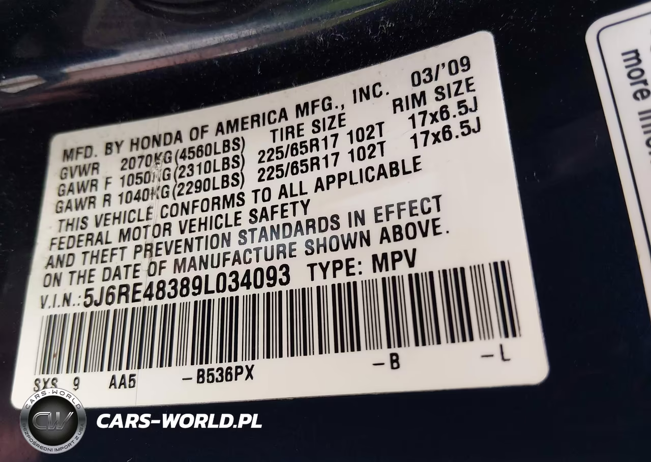 2009 Honda Cr-V Lx VIN:5J6RE48389L034093 - 9