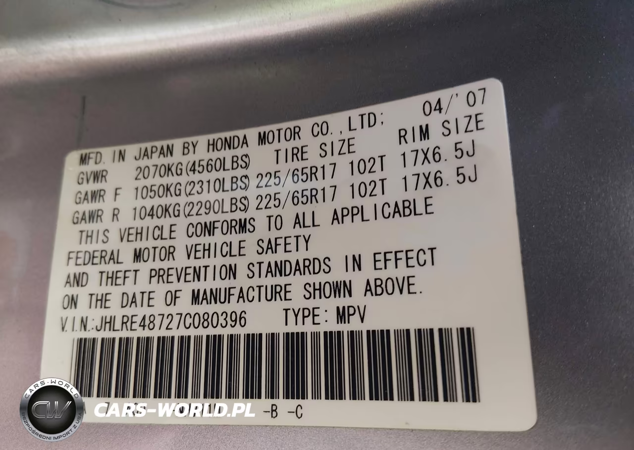 2007 Honda Cr-V Ex-L VIN:JHLRE48727C080396 - 9