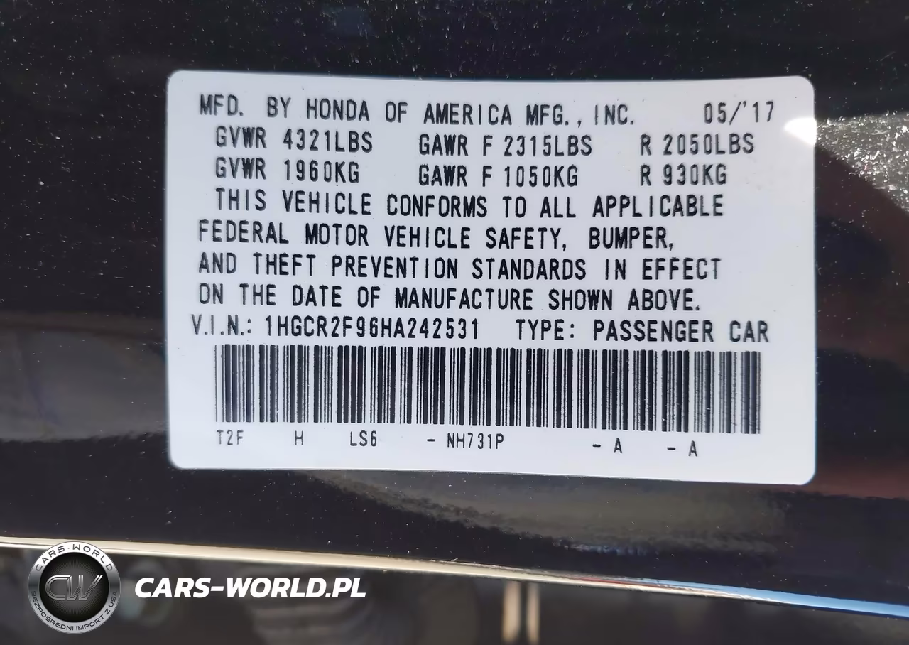 2017 Honda Accord Ex-L VIN:1HGCR2F96HA242531 - 9