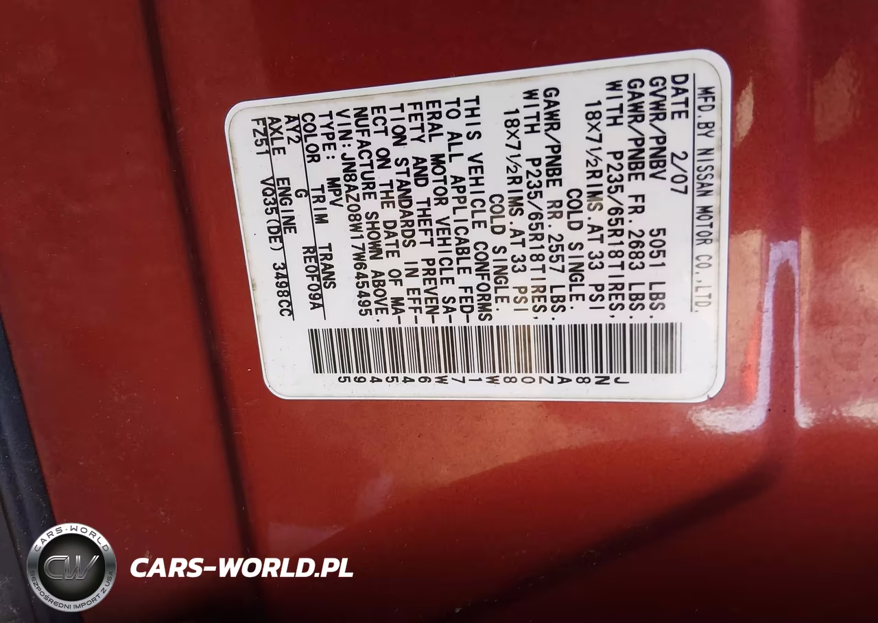 2007 Nissan Murano Se VIN:JN8AZ08W17W645495 - 9